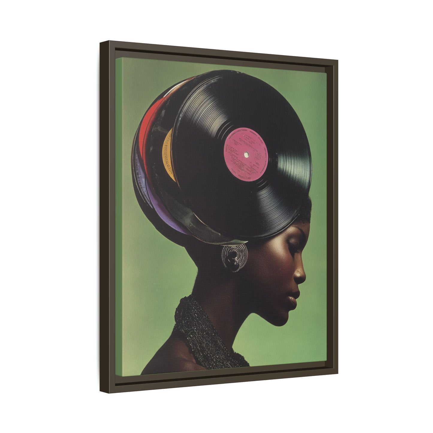Vinyl Records Black Woman Framed Canvas Wall Art
