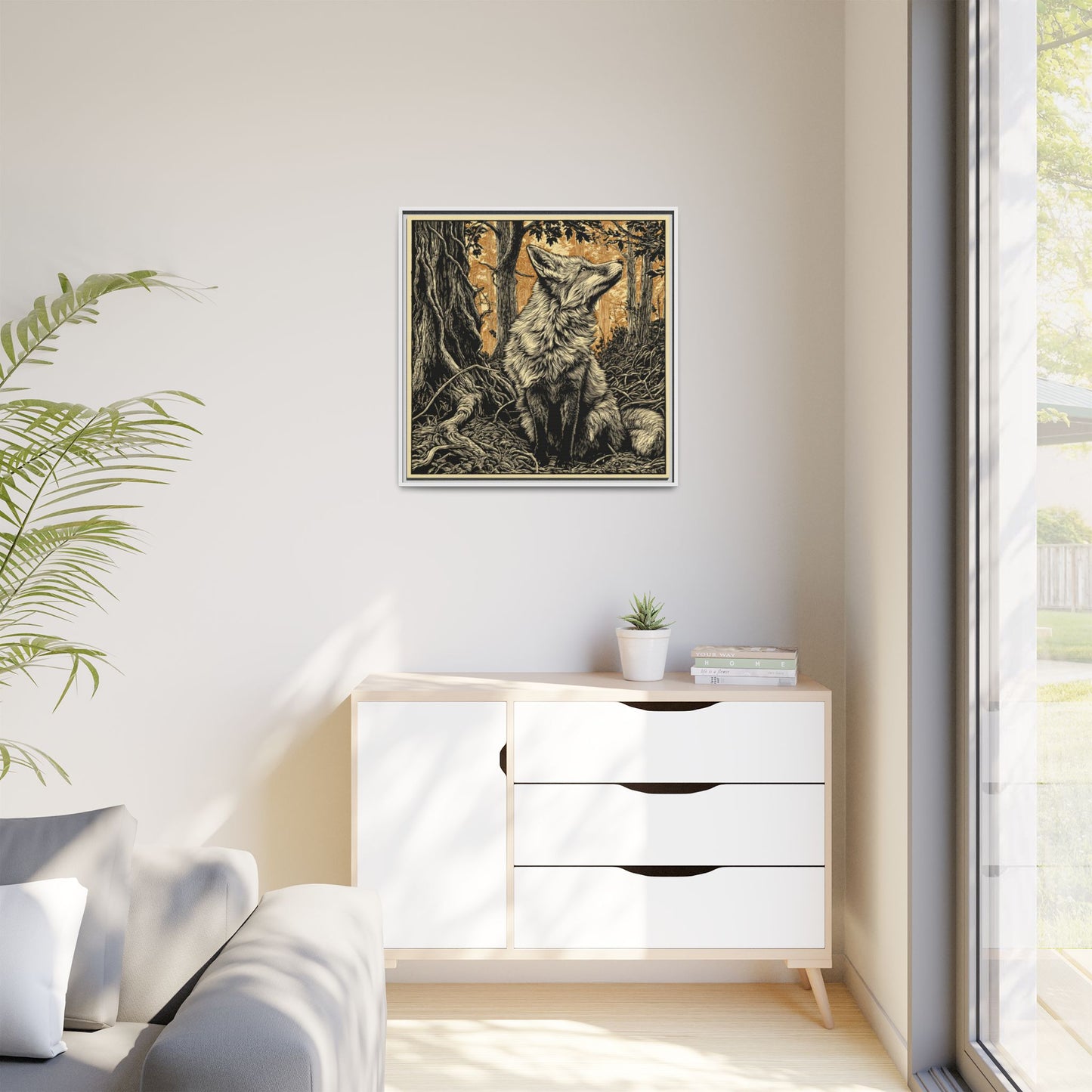 Fox Linoprint Square Framed Canvas Wall Art