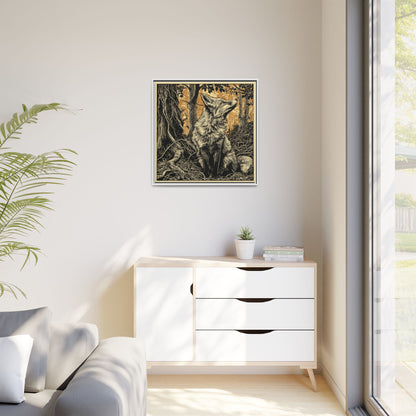 Fox Linoprint Square Framed Canvas Wall Art