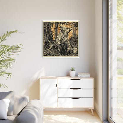 Fox Linoprint Square Framed Canvas Wall Art
