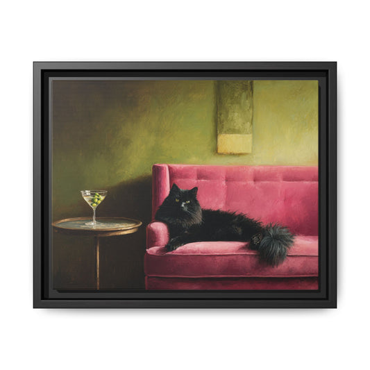 Funny Black Cat on Couch Framed Canvas Wall Art