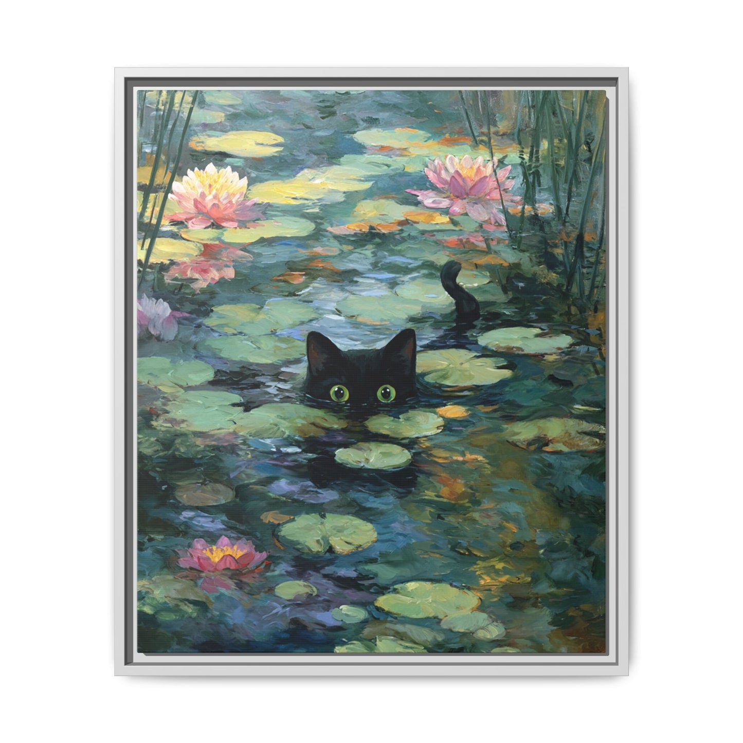Monet Cat on Lake Framed Canvas Wall Art