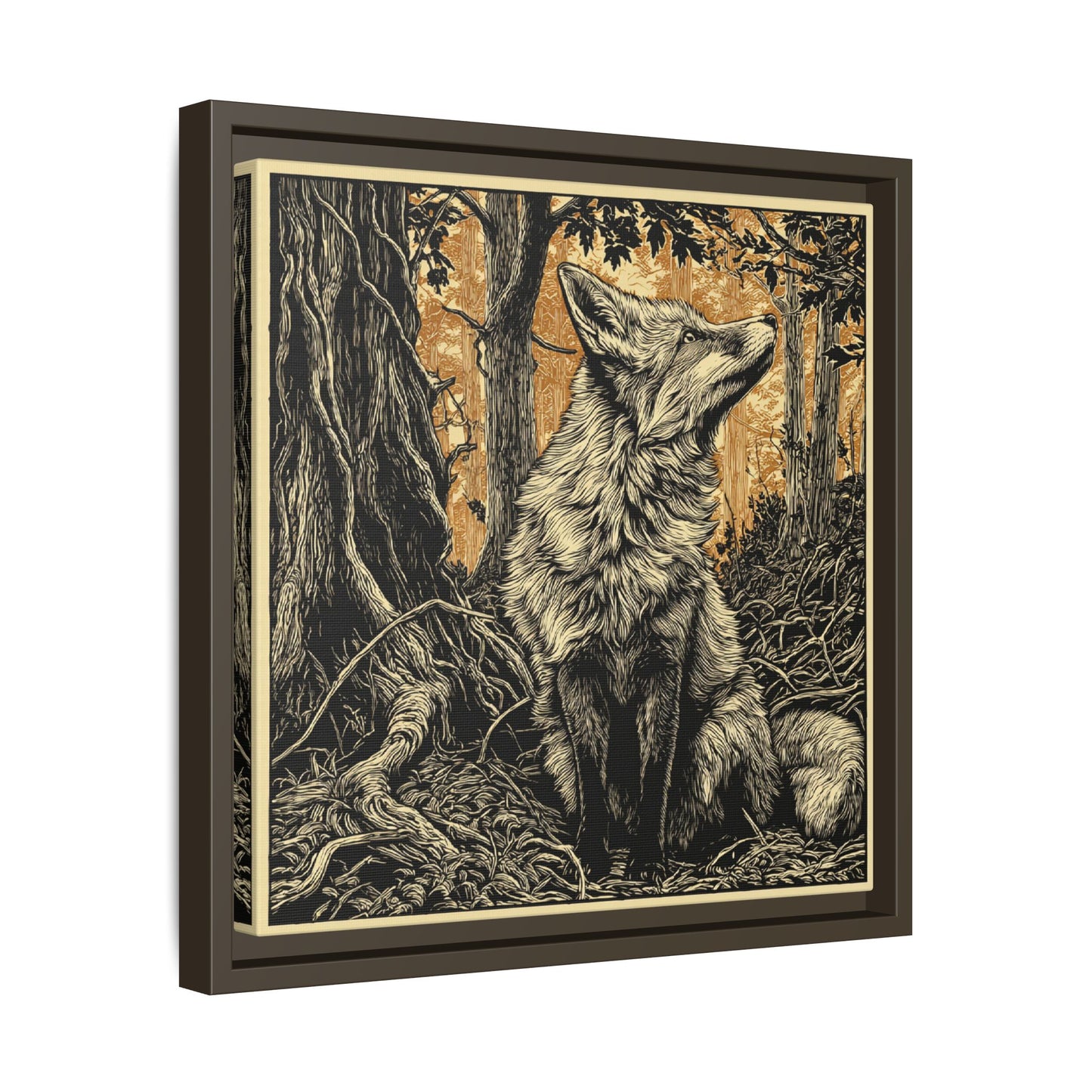 Fox Linoprint Square Framed Canvas Wall Art