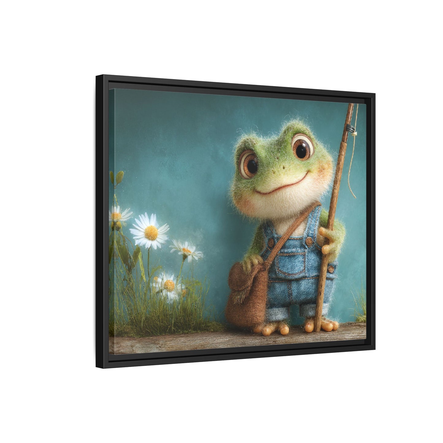 Funny Frog in a Jeans Framed Canvas Wall Art