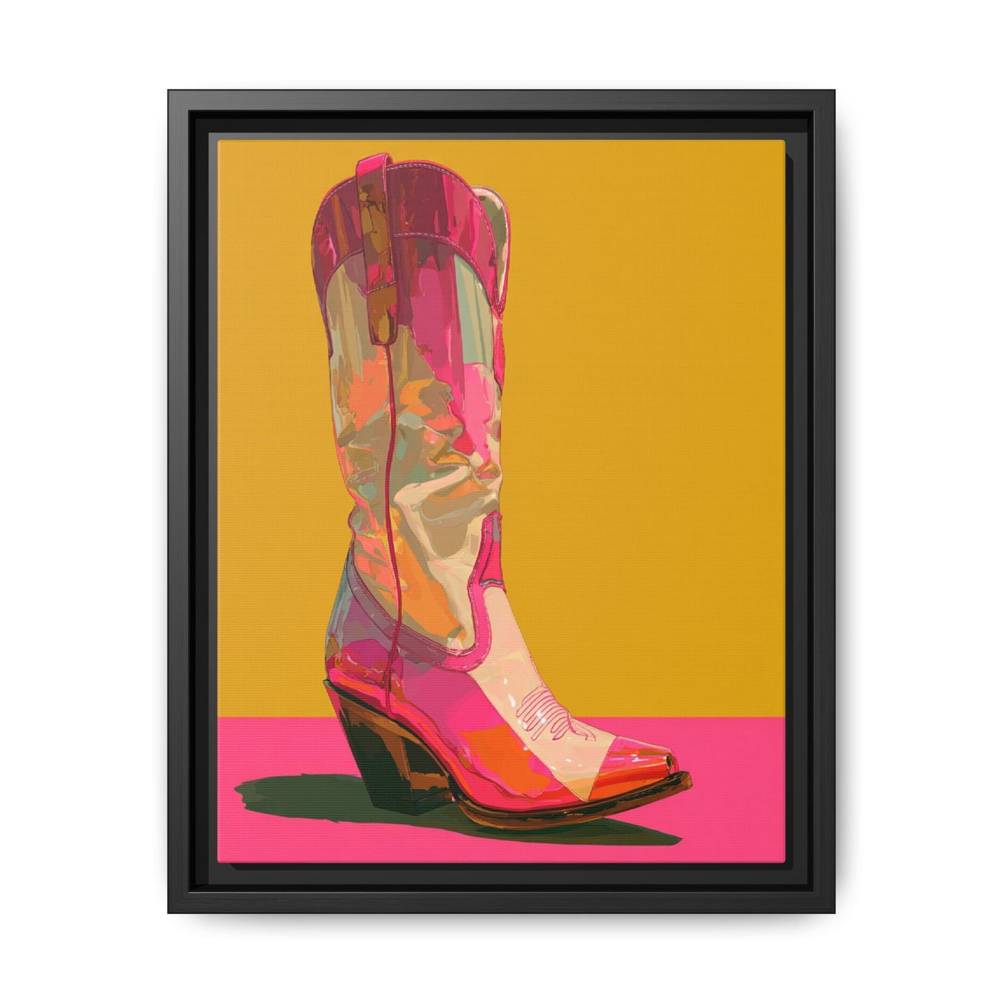 Retro Western themed framed canvas wall art featuring a vibrant cowgirl boot design on a mustard and pink background.