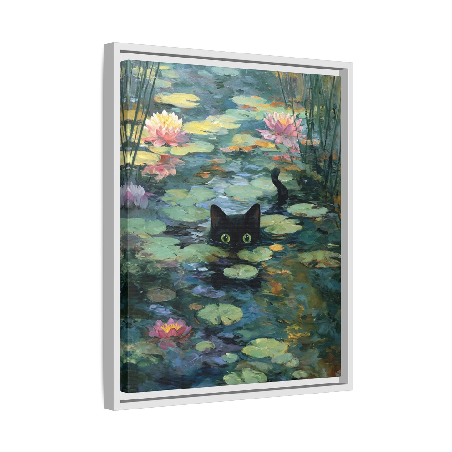 Monet Cat on Lake Framed Canvas Wall Art