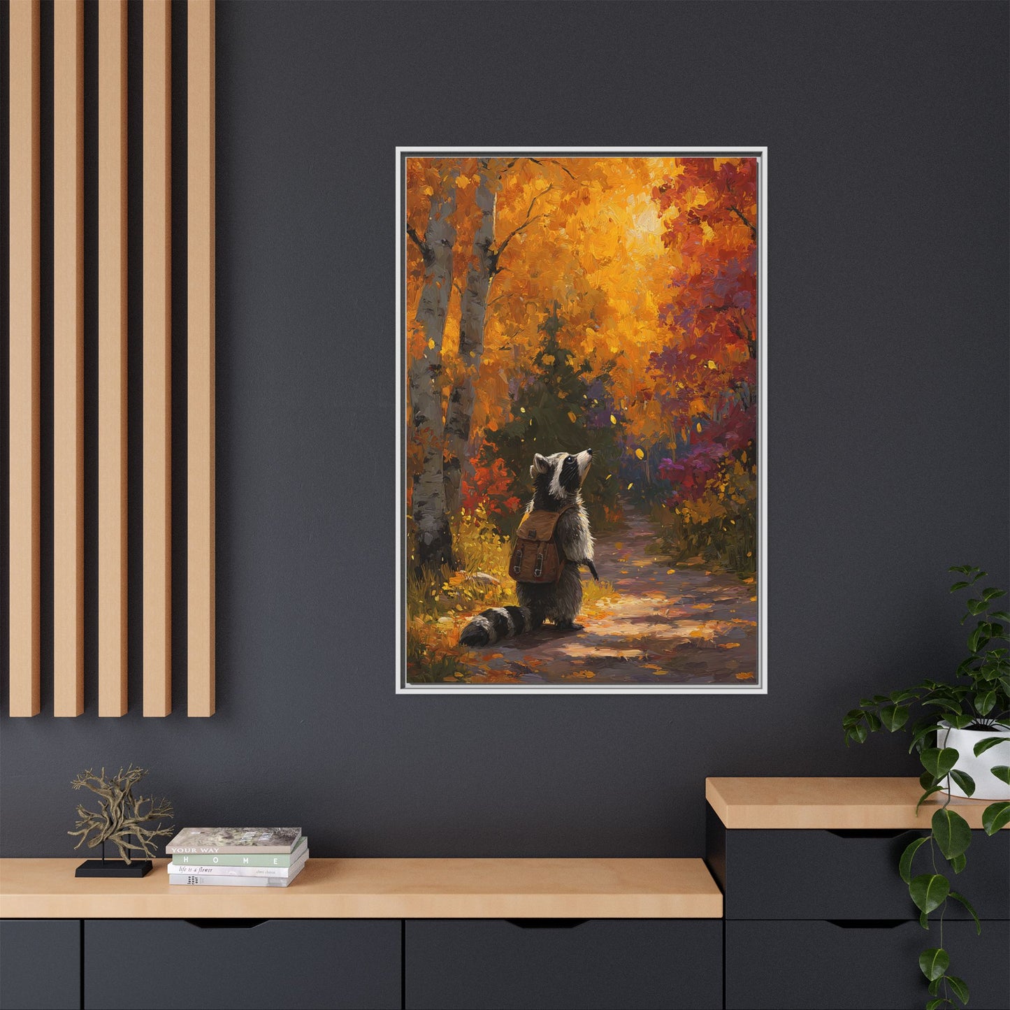 Autumn Raccoon Framed Canvas Wall Art