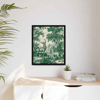 Deer Wildlife Green Toile de Jouy Framed Canvas Wall Art