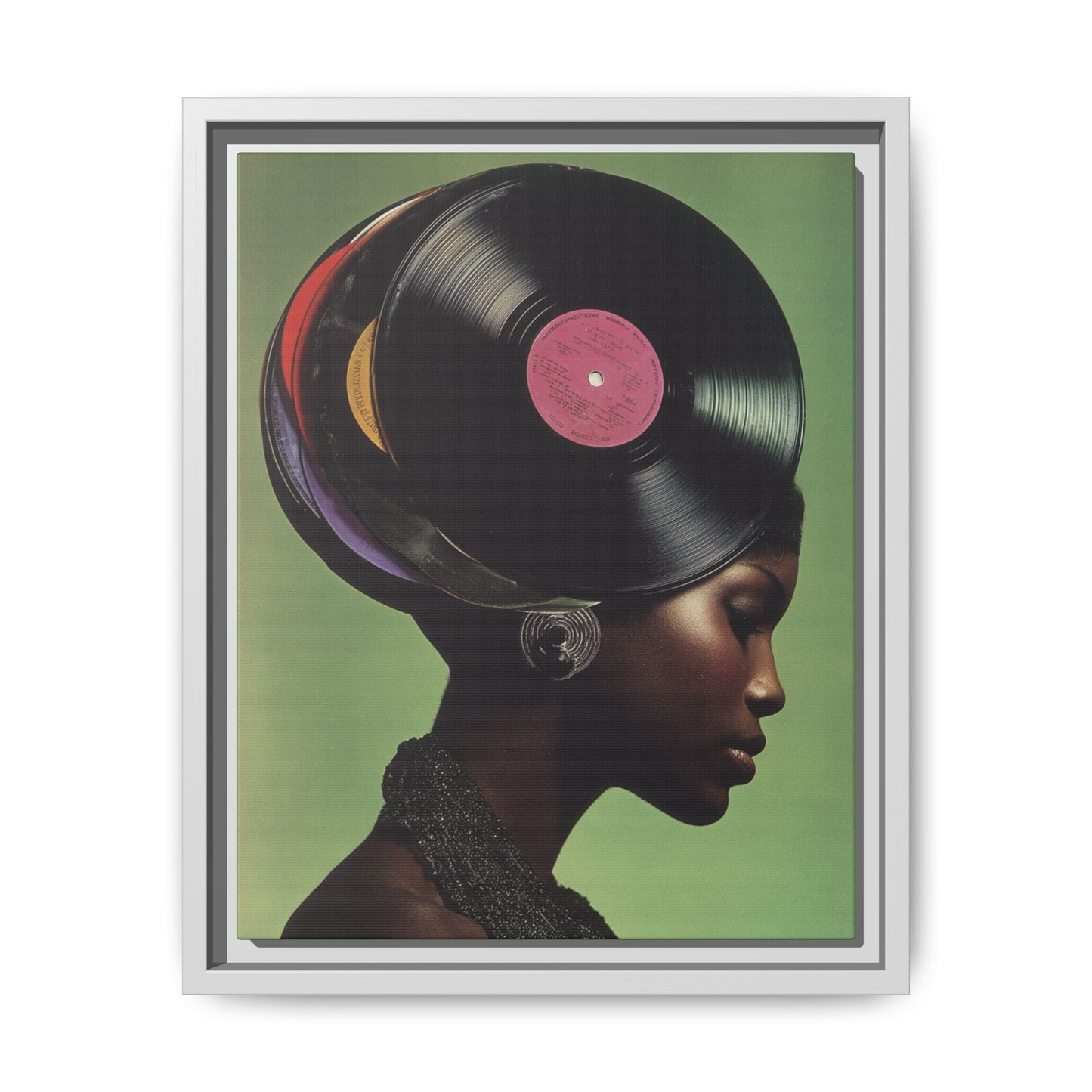 Vinyl Records Black Woman Framed Canvas Wall Art