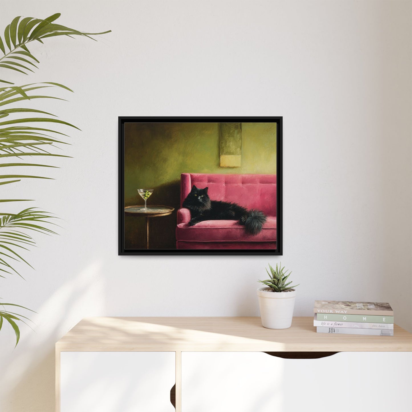 Funny Black Cat on Couch Framed Canvas Wall Art