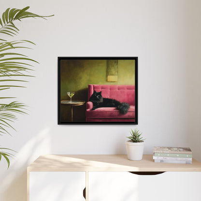 Funny Black Cat on Couch Framed Canvas Wall Art