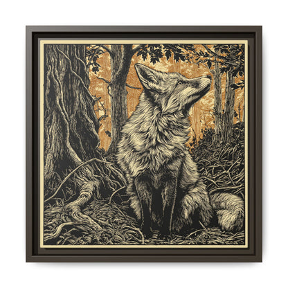 Fox Linoprint Square Framed Canvas Wall Art