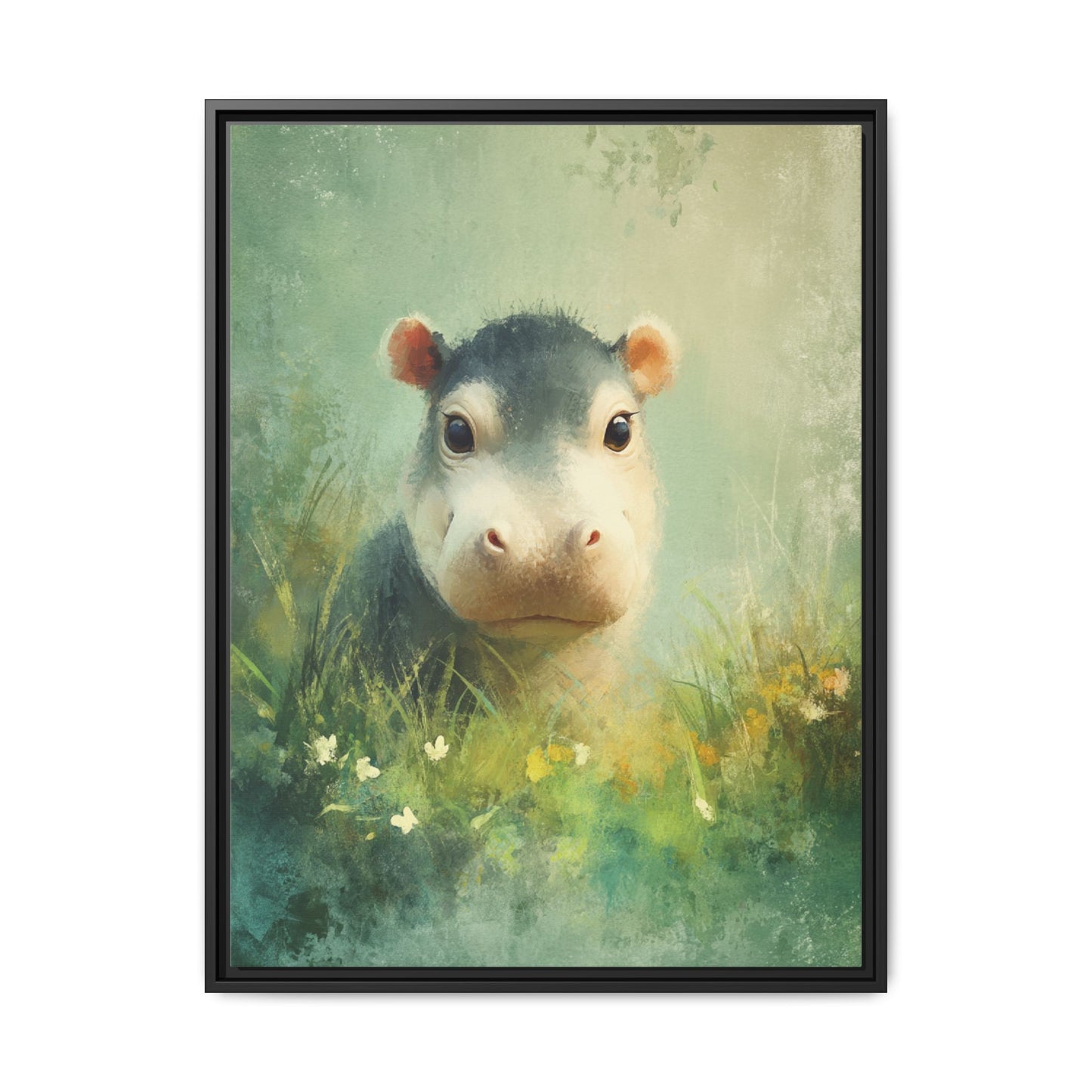 Baby Hippopotamus Nursery Framed Canvas Wall Art