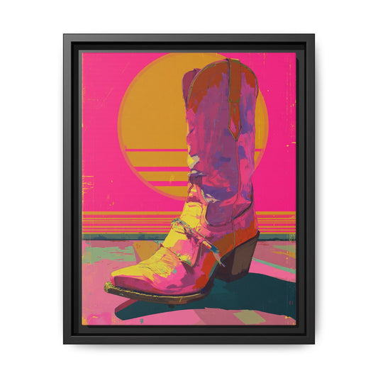 Retro Western themed framed canvas wall art featuring vintage cowgirl boots with vibrant colors on premium coated canvas and sustainable wood frame