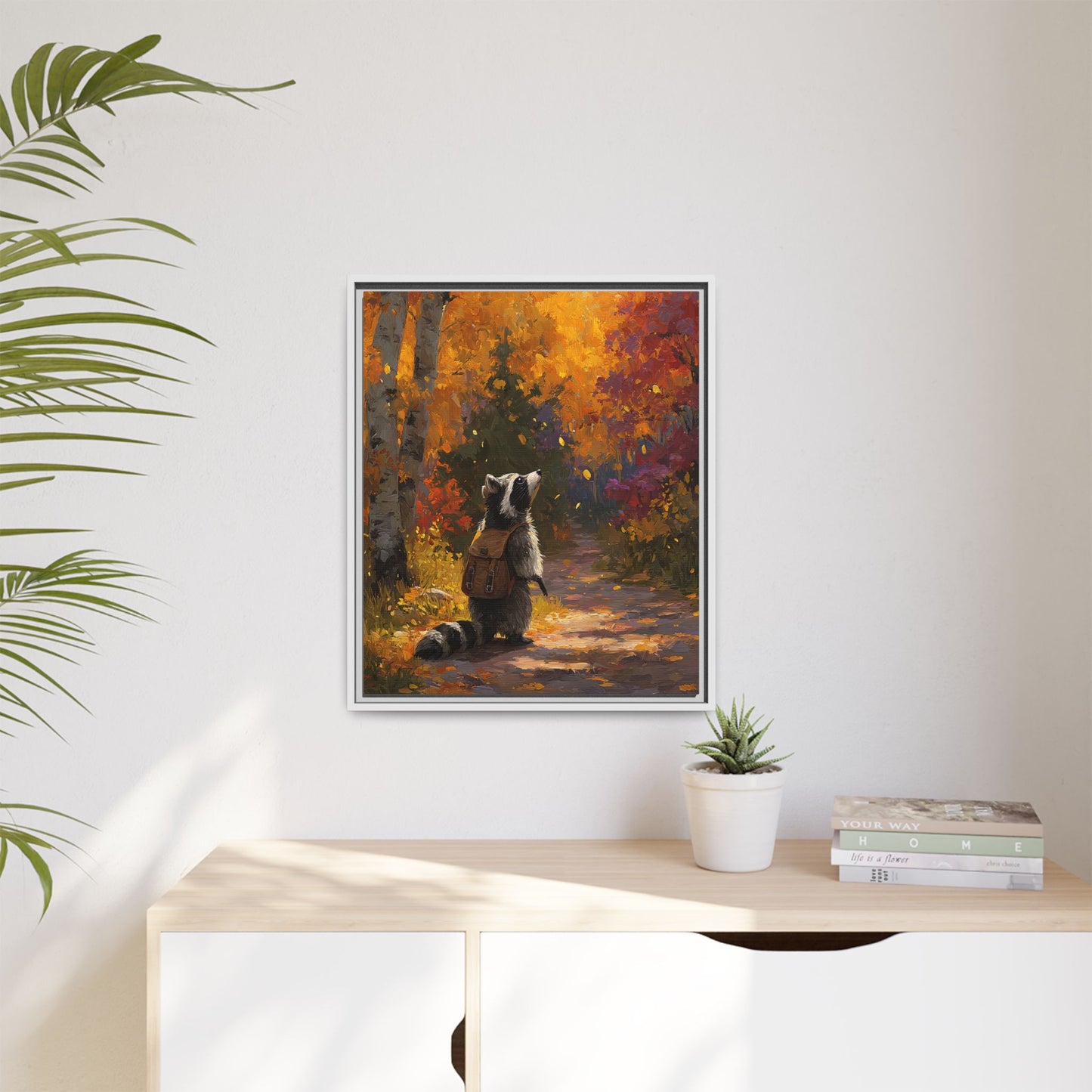 Autumn Raccoon Framed Canvas Wall Art