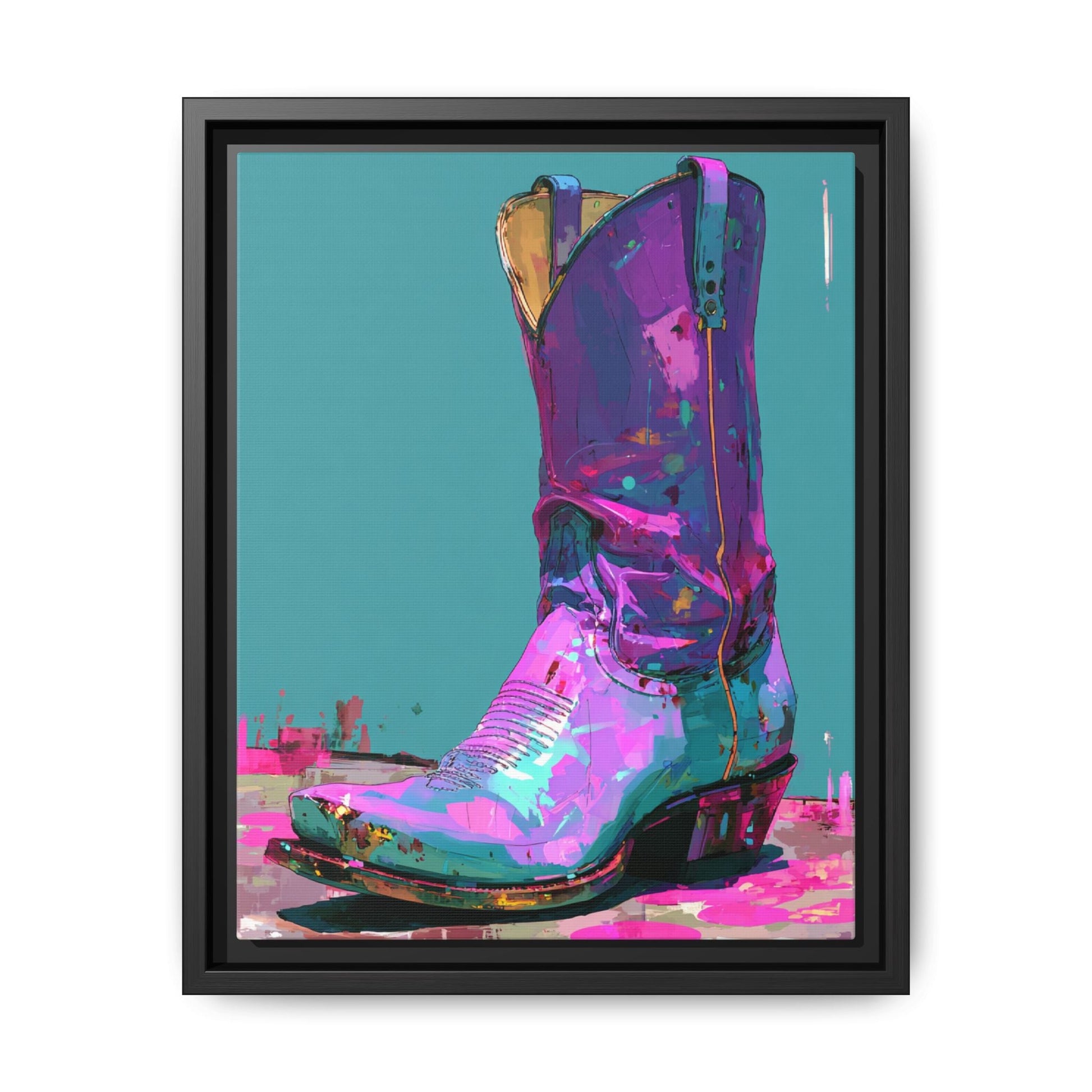 Retro western themed framed canvas wall art featuring colorful cowgirl boots illustration