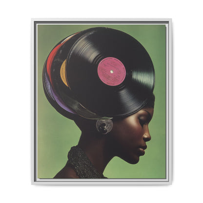 Vinyl Records Black Woman Framed Canvas Wall Art