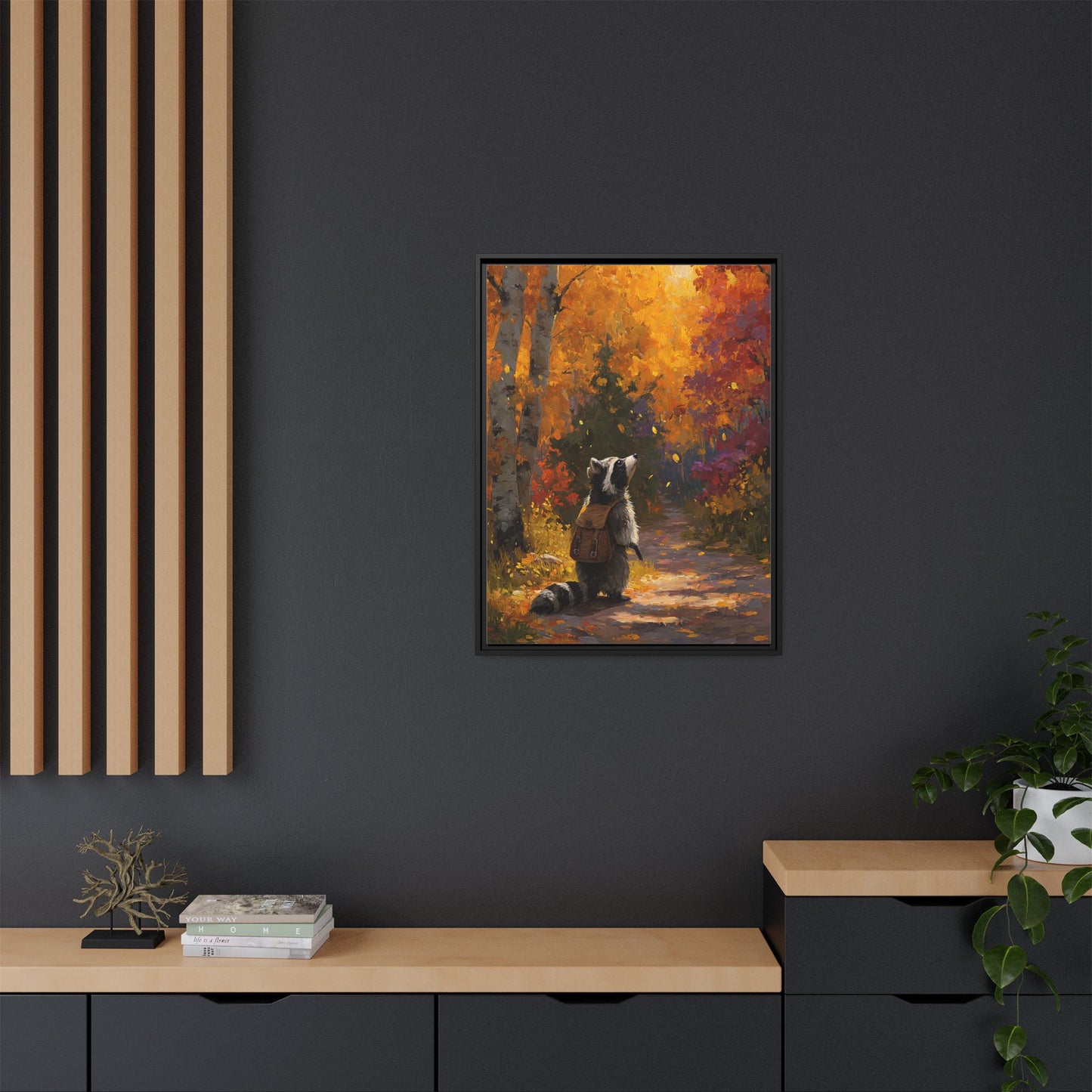 Autumn Raccoon Framed Canvas Wall Art