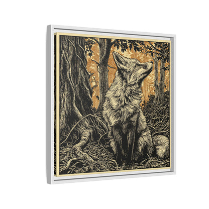 Fox Linoprint Square Framed Canvas Wall Art