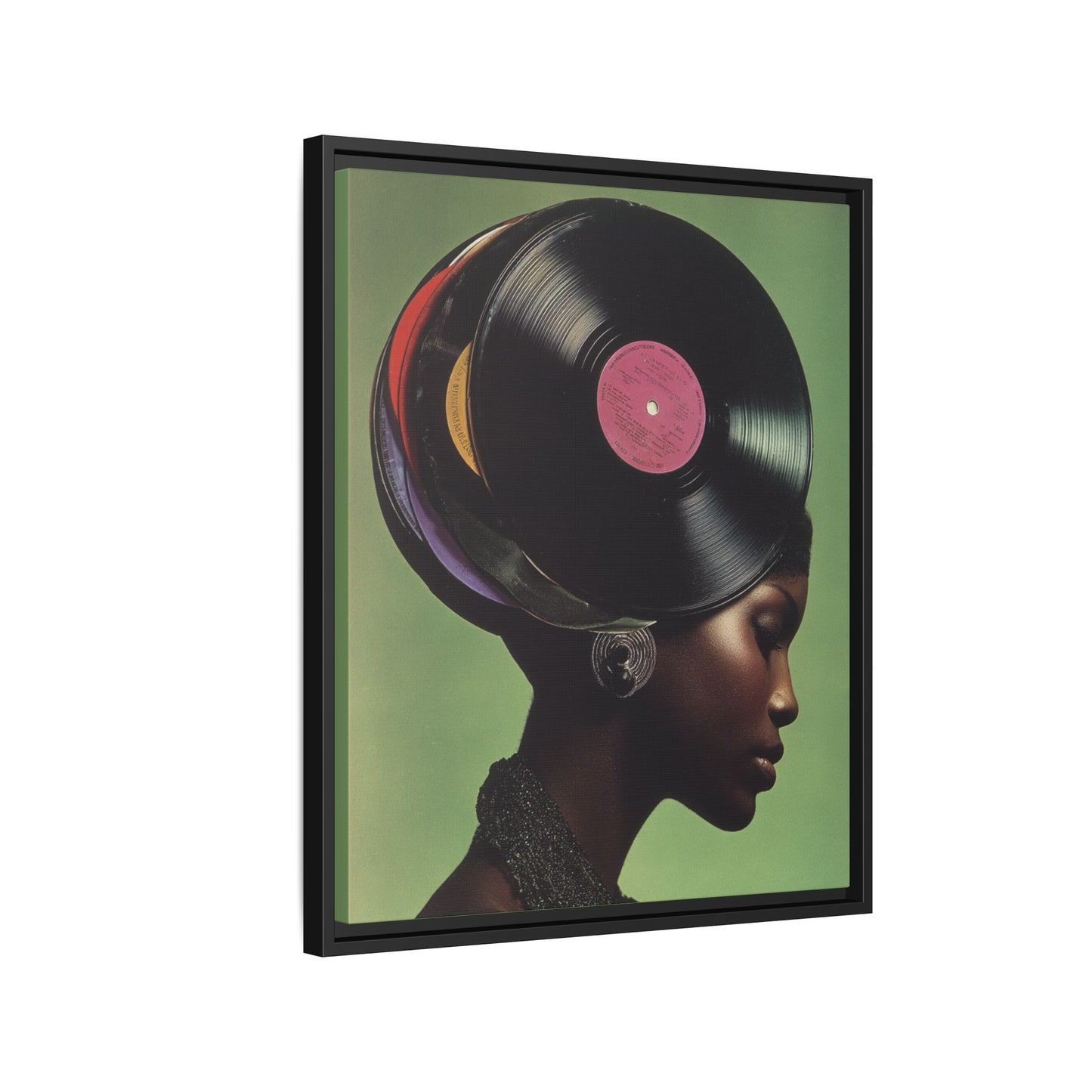 Vinyl Records Black Woman Framed Canvas Wall Art