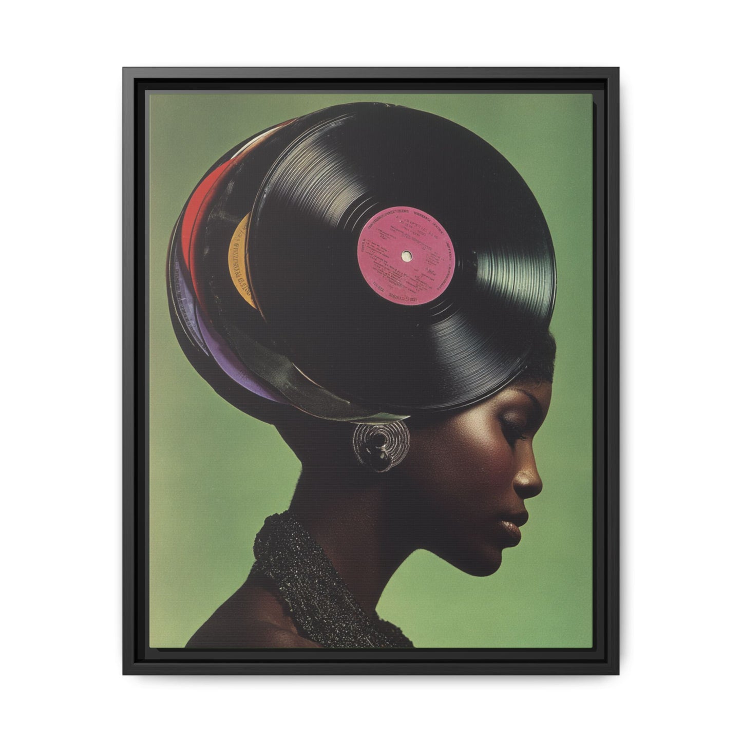 Vinyl Records Black Woman Framed Canvas Wall Art