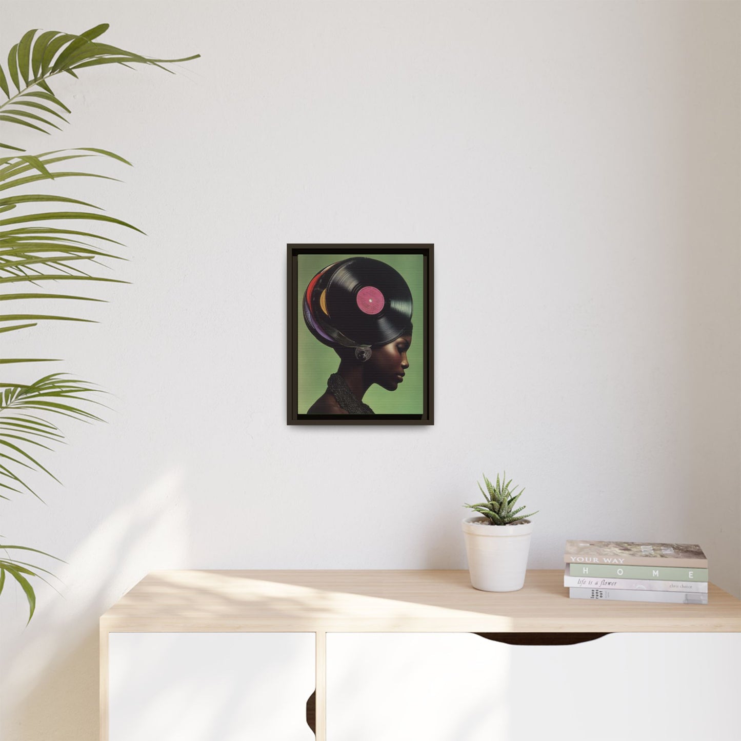 Vinyl Records Black Woman Framed Canvas Wall Art