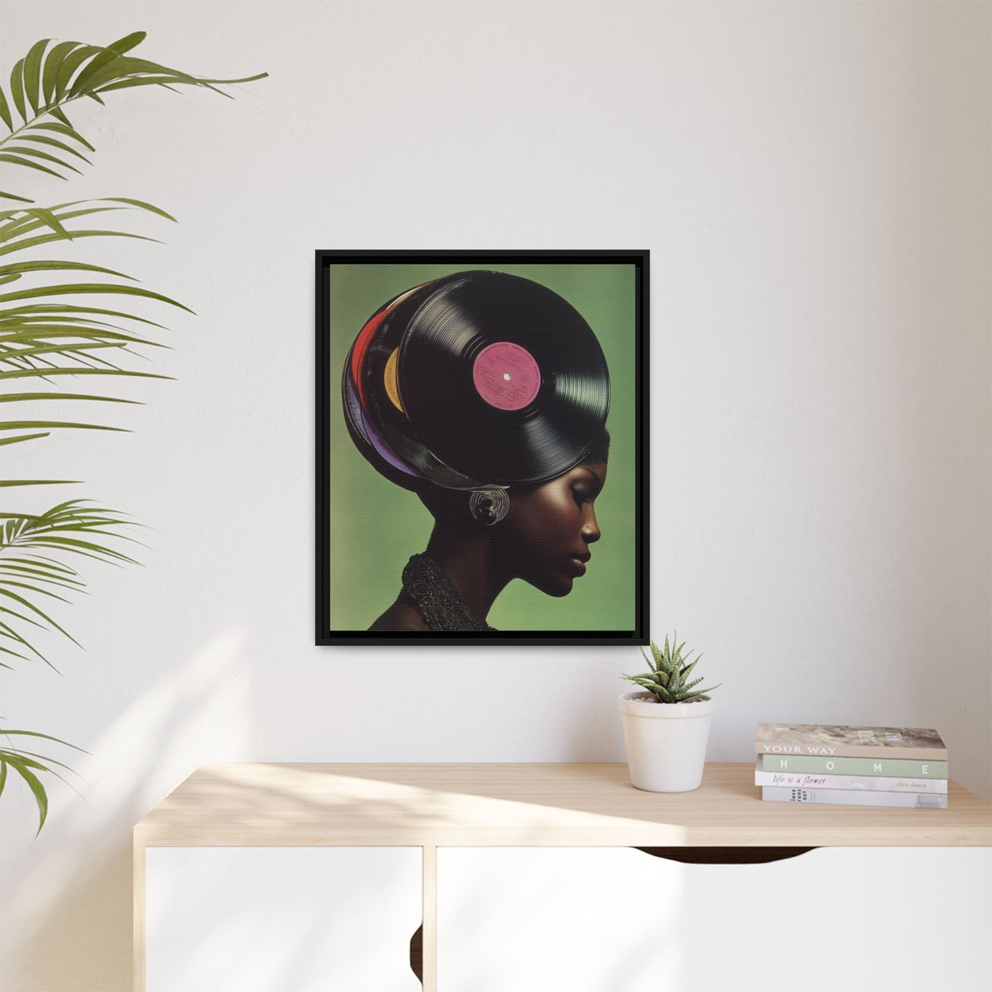 Vinyl Records Black Woman Framed Canvas Wall Art