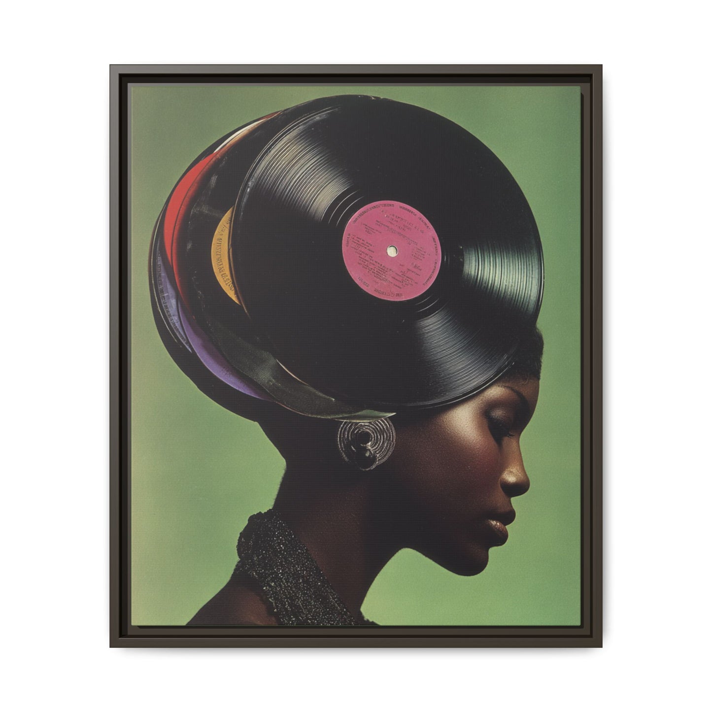 Vinyl Records Black Woman Framed Canvas Wall Art