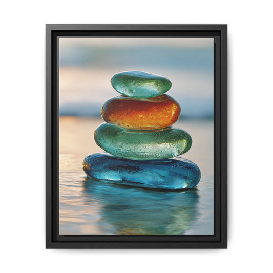 Stone framed canvas wall art of stacked colorful stones on water with calming sunset background