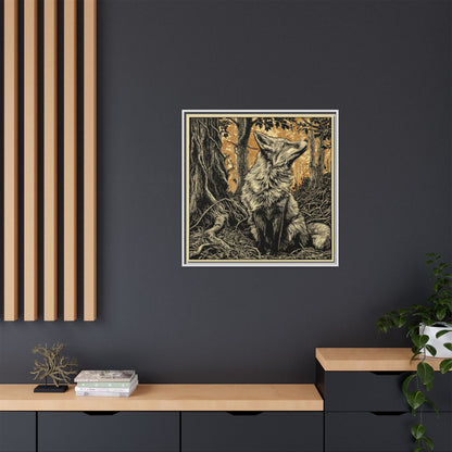 Fox Linoprint Square Framed Canvas Wall Art