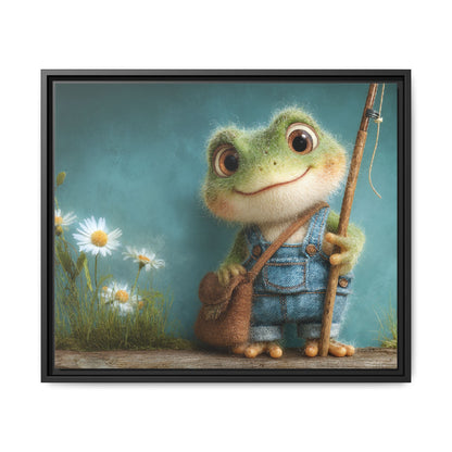 Funny Frog in a Jeans Framed Canvas Wall Art
