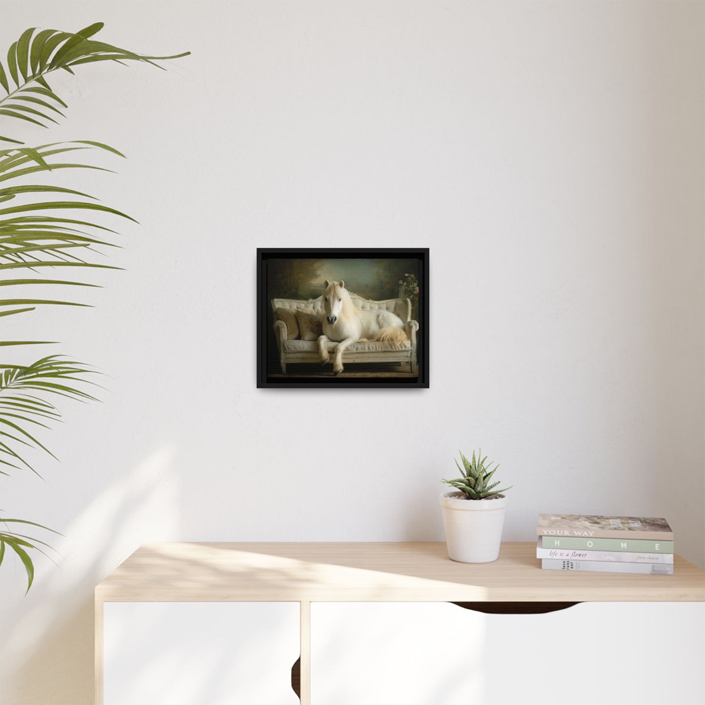 Funny Horse Lounging On Sofa Framed Canvas Wall Art