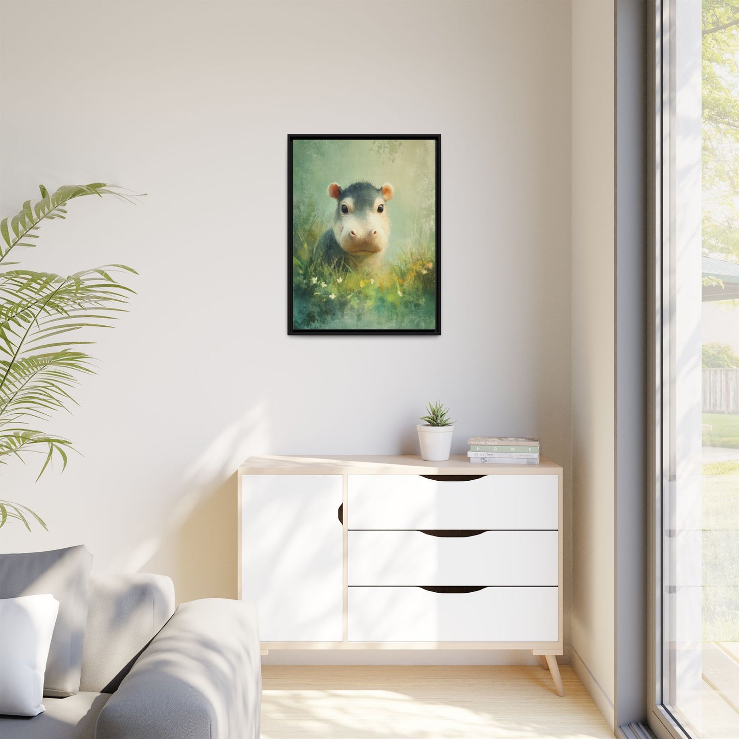 Baby Hippopotamus Nursery Framed Canvas Wall Art