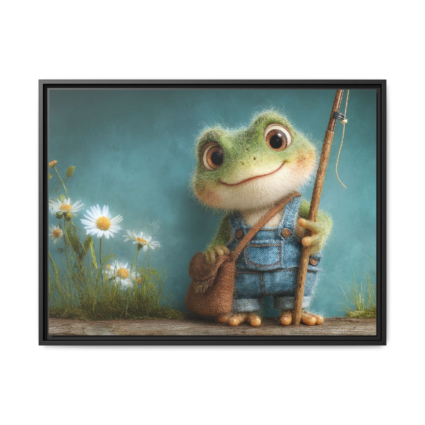 Funny Frog in a Jeans Framed Canvas Wall Art