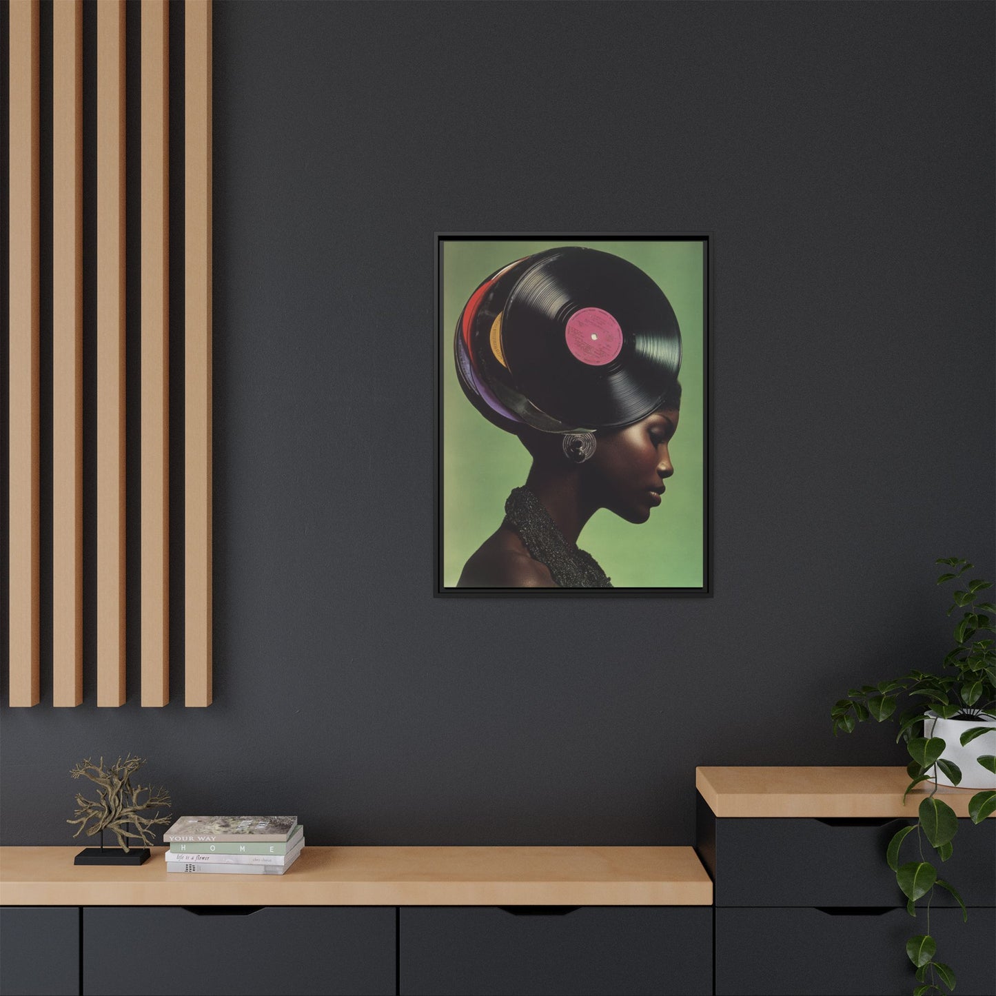 Vinyl Records Black Woman Framed Canvas Wall Art