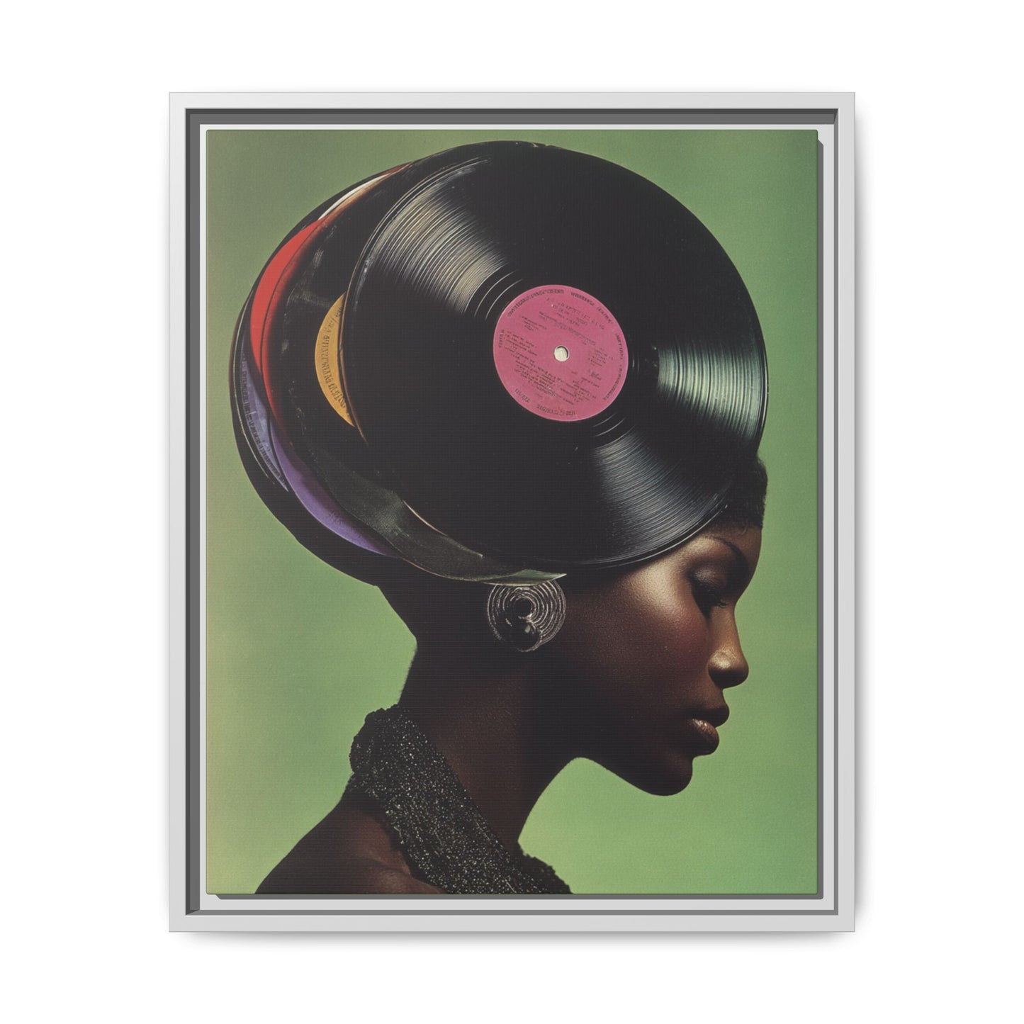 Vinyl Records Black Woman Framed Canvas Wall Art