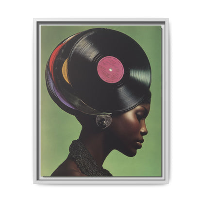 Vinyl Records Black Woman Framed Canvas Wall Art