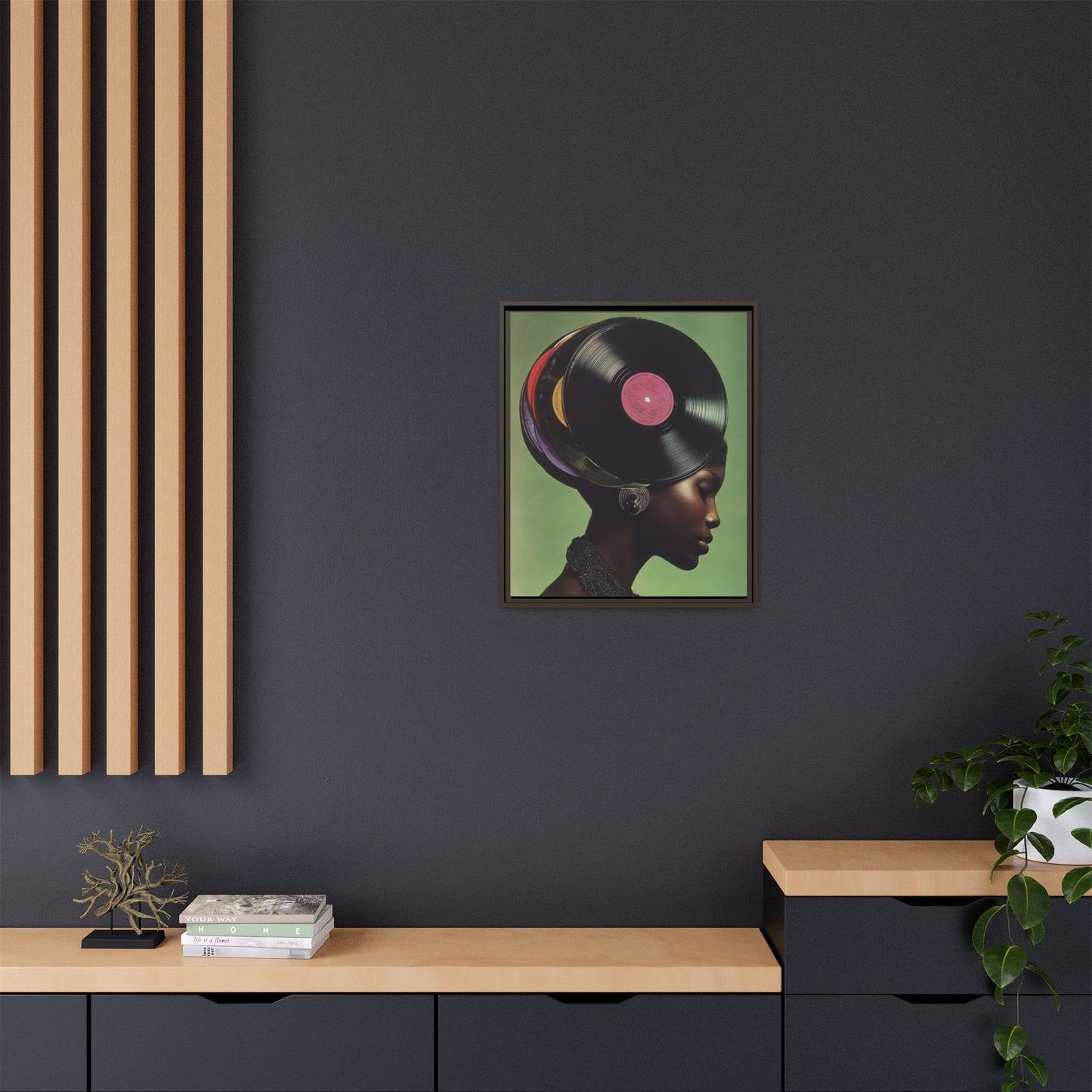 Vinyl Records Black Woman Framed Canvas Wall Art