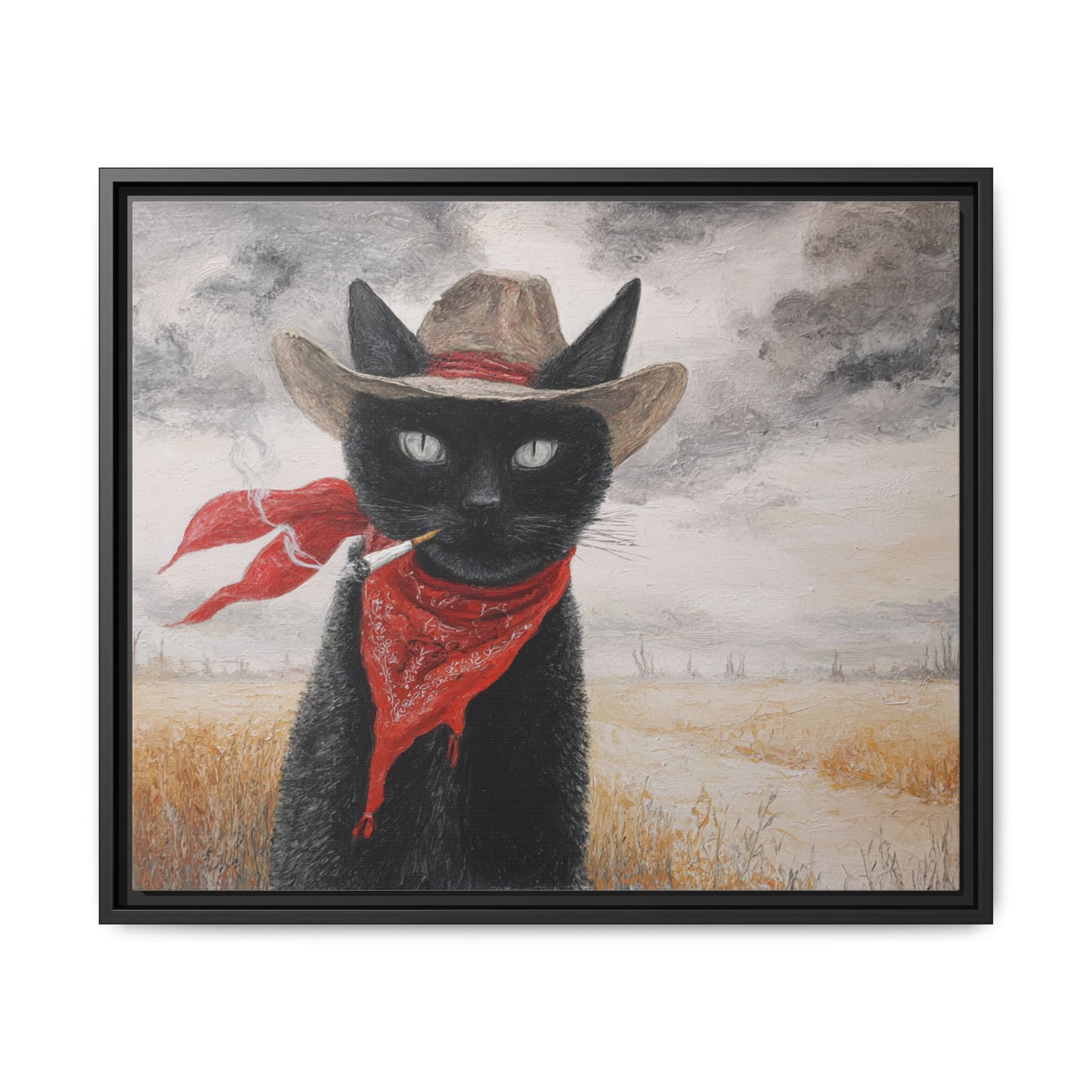 Western Cat Smoking Framed Canvas Wall Art