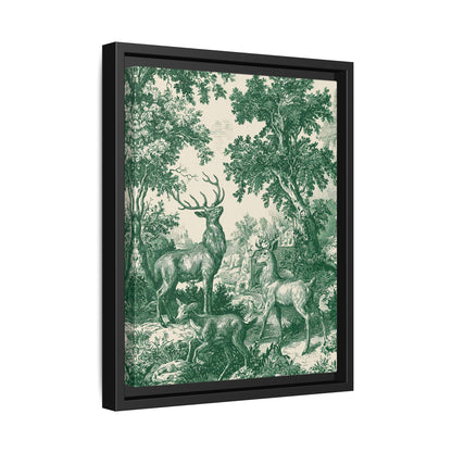 Deer Wildlife Green Toile de Jouy Framed Canvas Wall Art