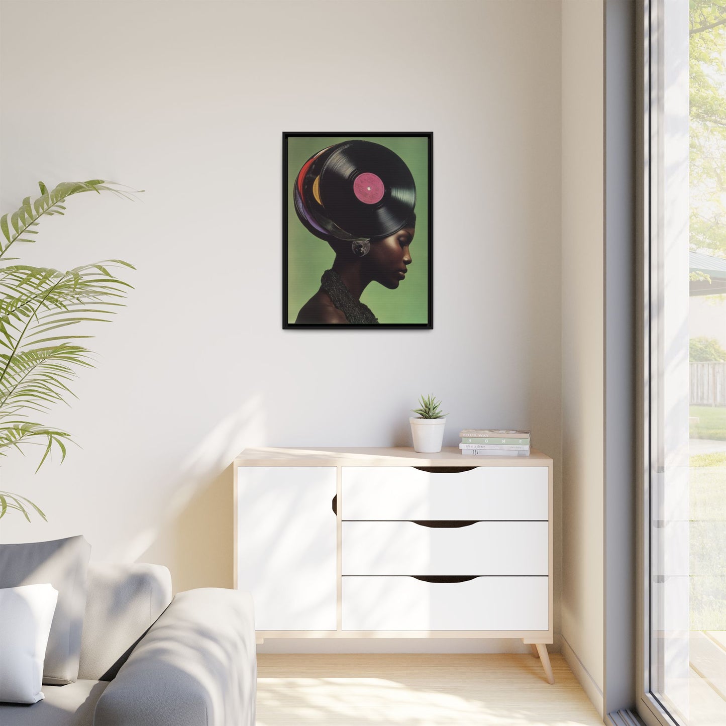 Vinyl Records Black Woman Framed Canvas Wall Art