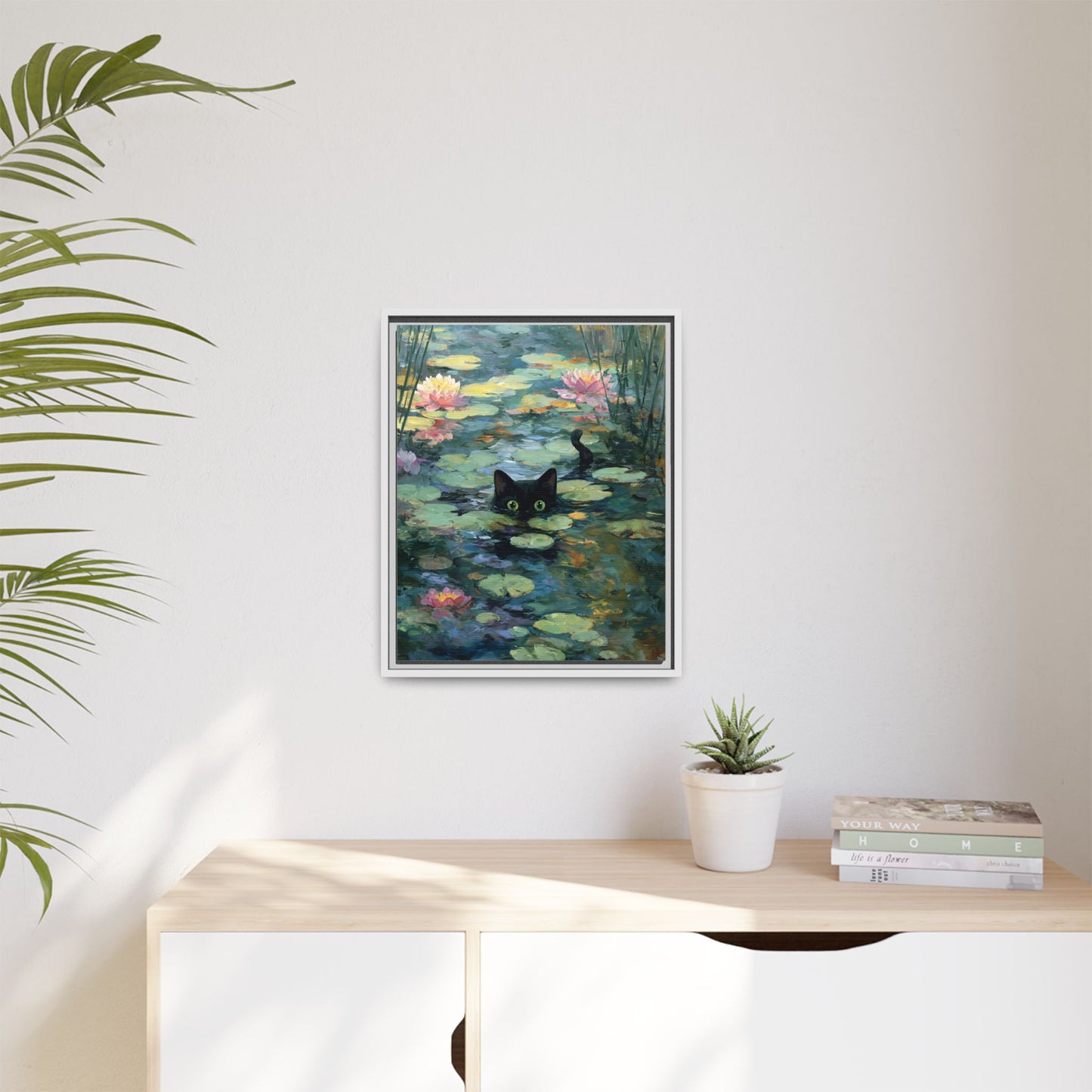 Monet Cat on Lake Framed Canvas Wall Art