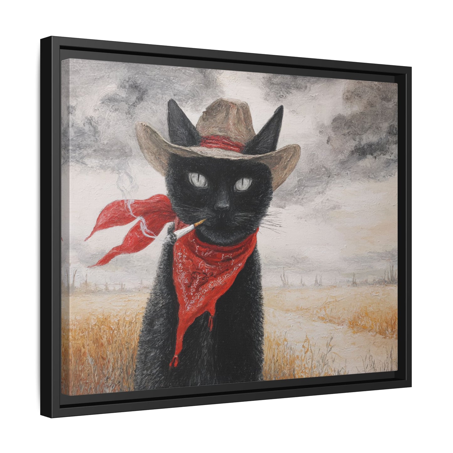 Western Cat Smoking Framed Canvas Wall Art
