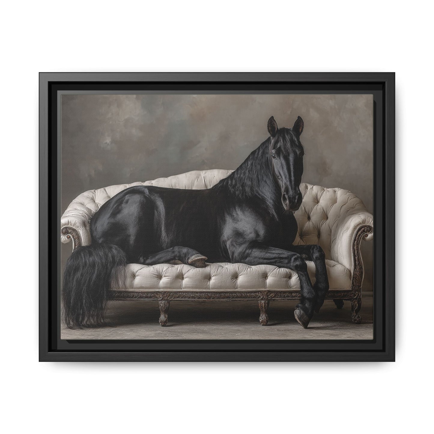 Funny horse lounging on sofa framed canvas wall art with black frame