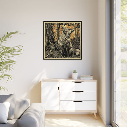 Fox Linoprint Square Framed Canvas Wall Art