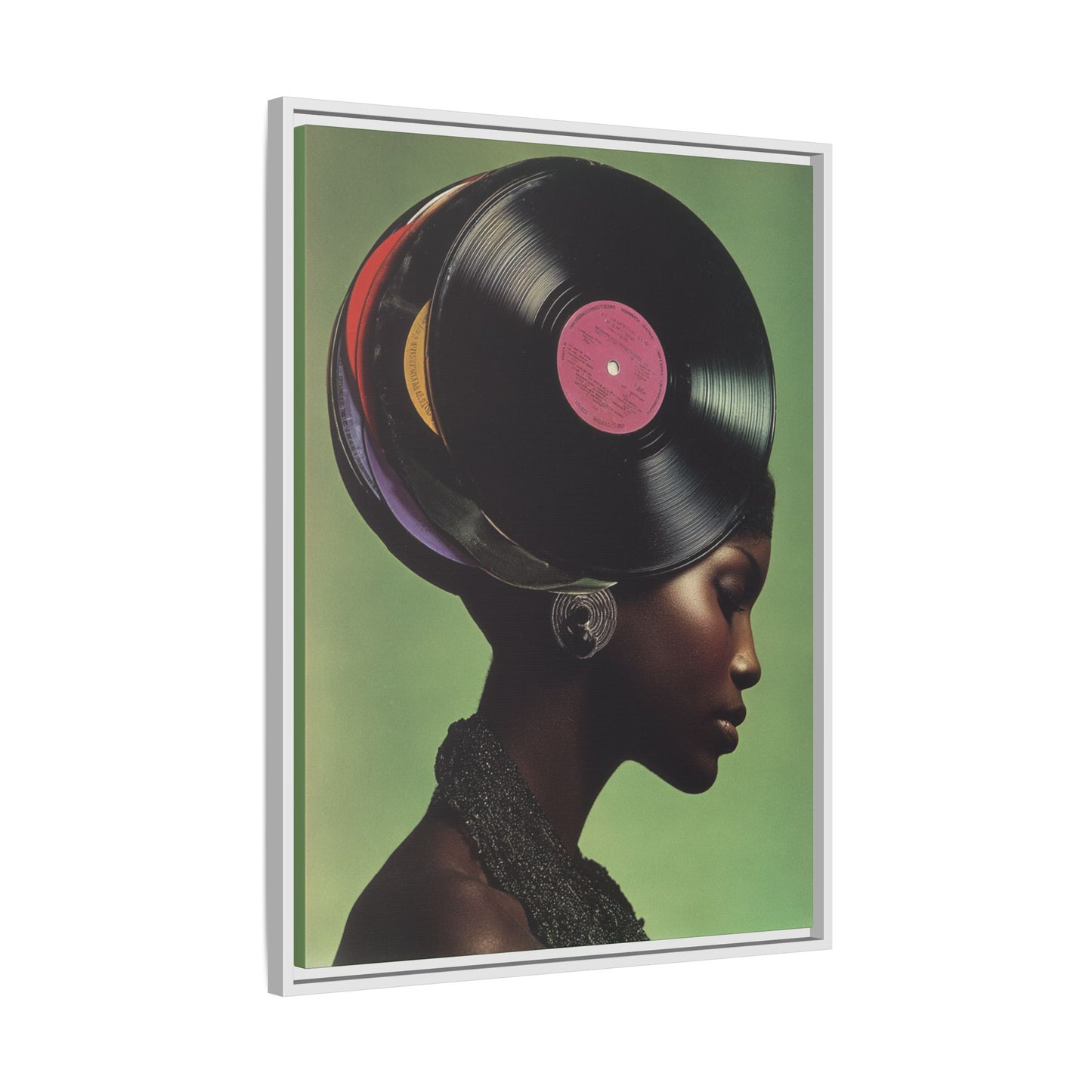 Vinyl Records Black Woman Framed Canvas Wall Art