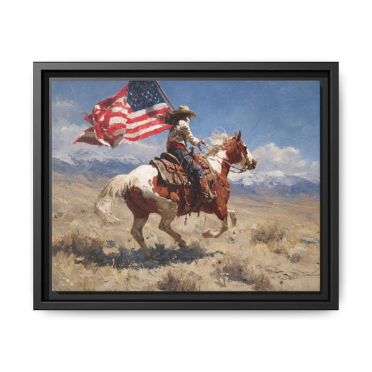 Patriotic Cowgirl on a Horse Framed Canvas Wall Art