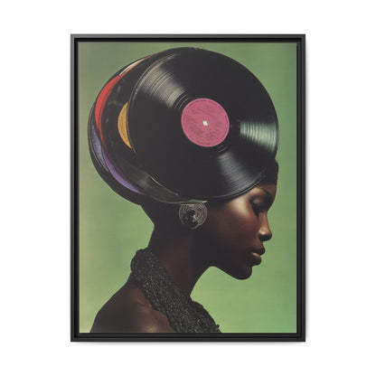 Vinyl Records Black Woman Framed Canvas Wall Art