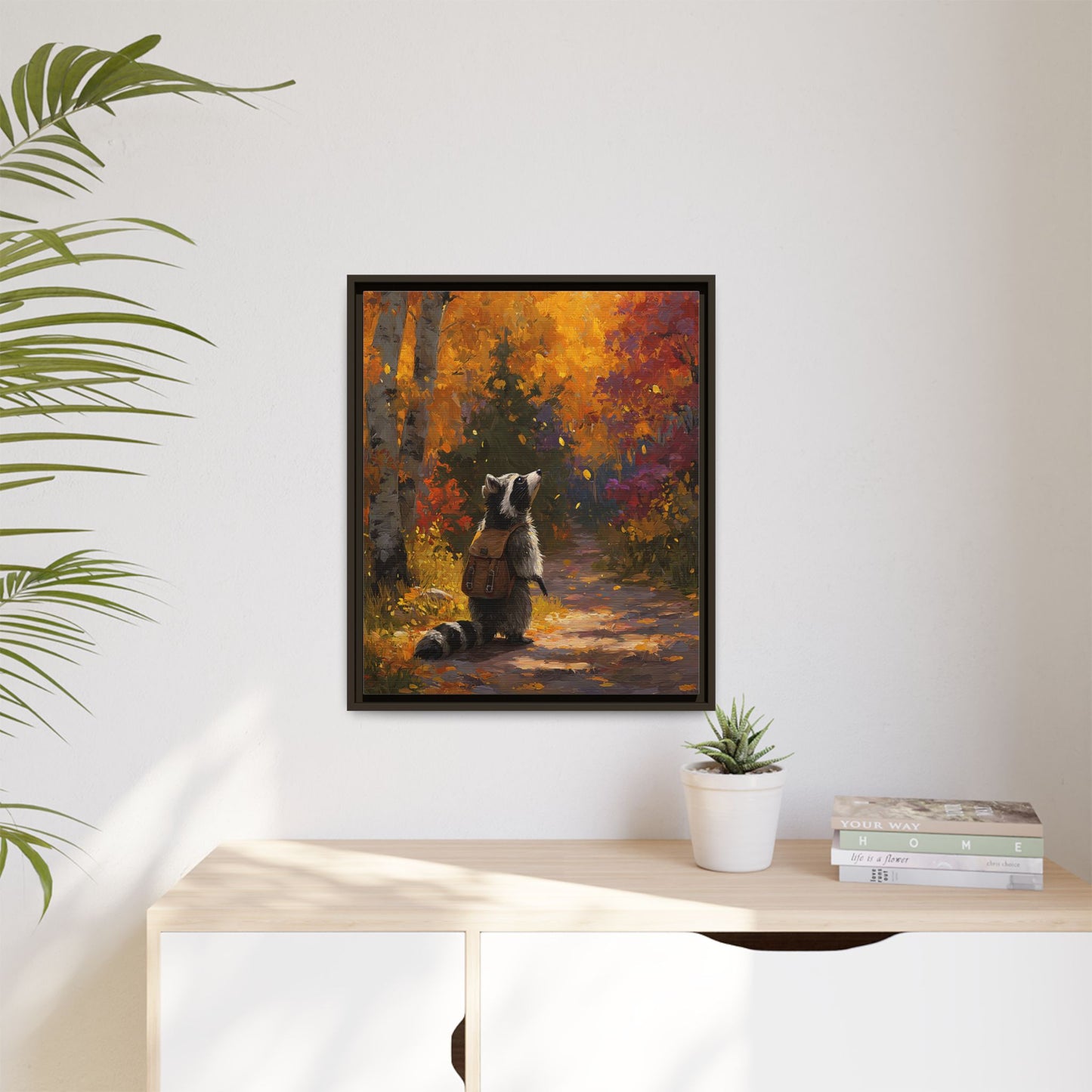 Autumn Raccoon Framed Canvas Wall Art