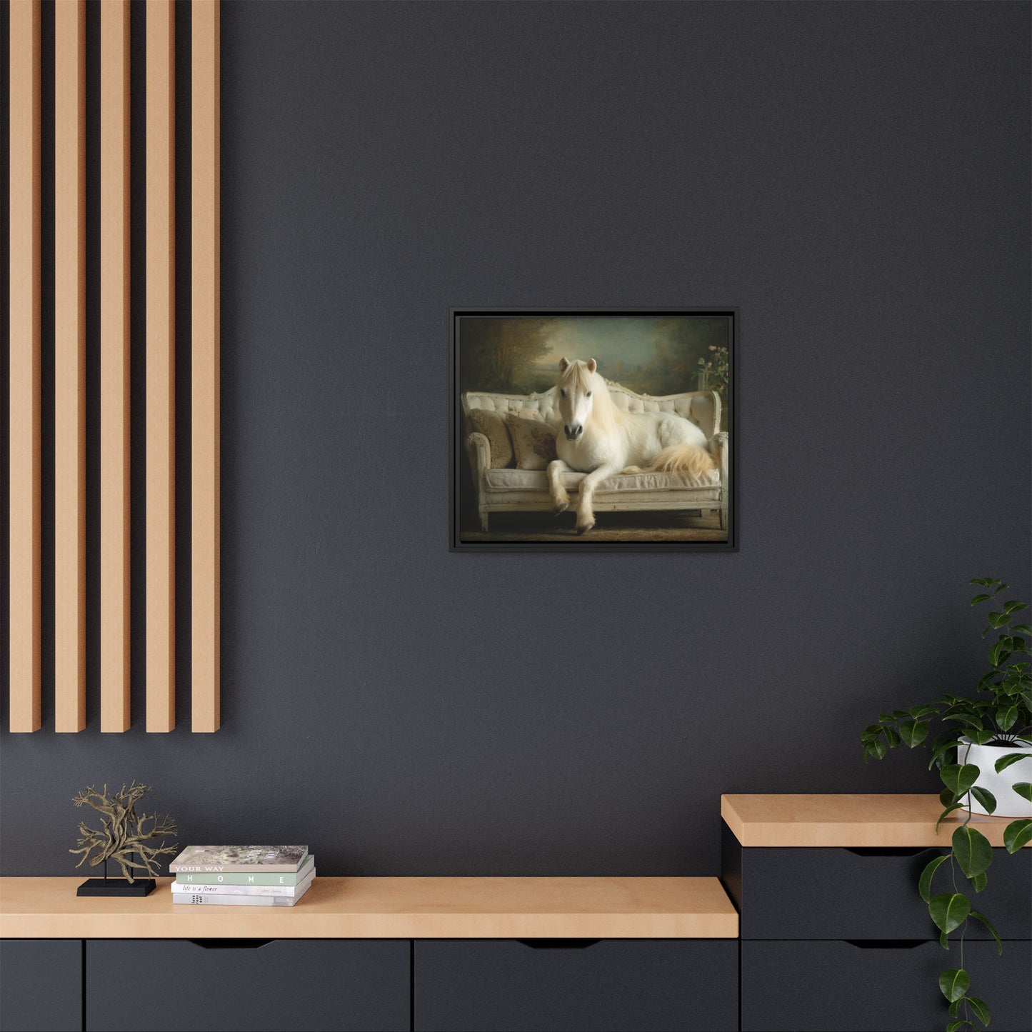 Funny Horse Lounging On Sofa Framed Canvas Wall Art